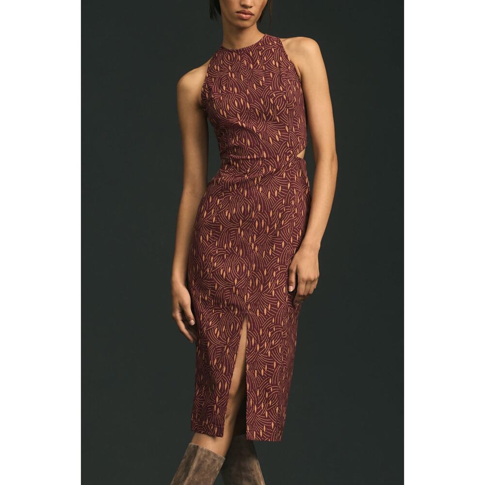 NWT By Anthropologie Sleeveless Cutout Slim Midi Dress L $170 Maroon Red Orange